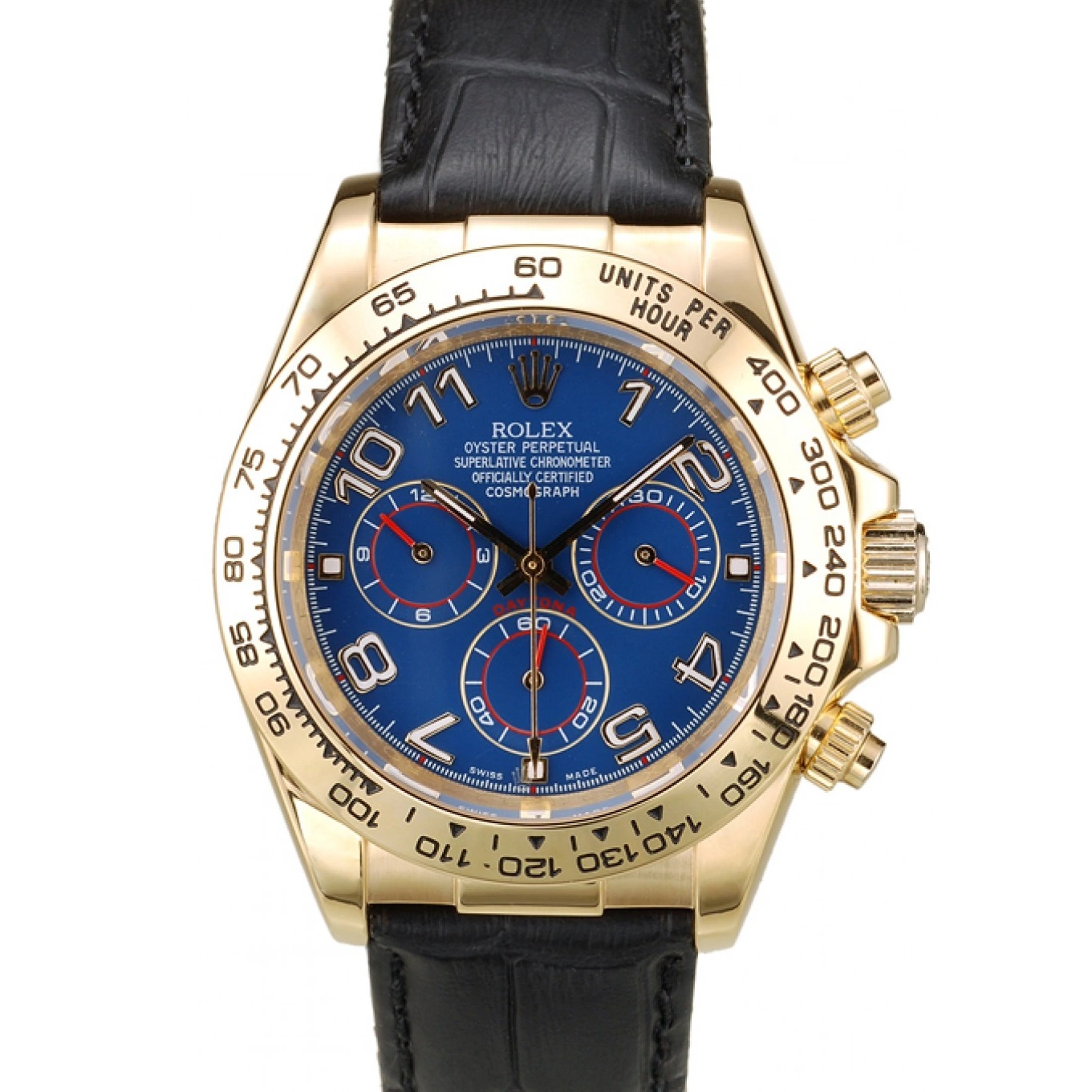 Aaa replica watch Gold Rolex Case Daytona Dial Leather Black Strap Blue 0701